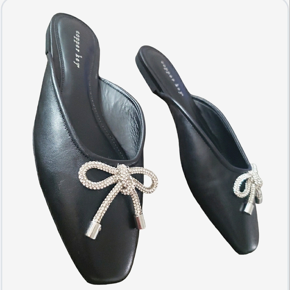 Black Ballet Slippers Women 9 Leather Silver Bow Flat Slip-On Mules Slides NWT